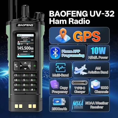 BAOFENG UV-32 GPS 10W Ham Radio Handheld Long Range Two Way Radio with APP Programming, NOAA Weather Receiver, and Copy Fr...