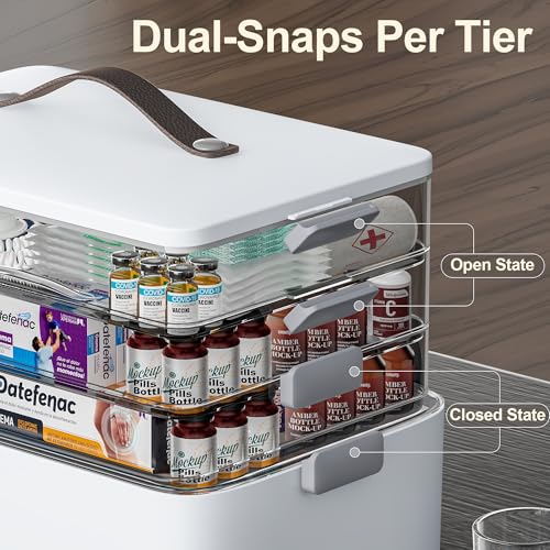CTIME 4-Tier XL Medicine Organizer with Leather Handle - Portable Pill Case & Empty First Aid Kit for Home, Travel, RV, Sc...