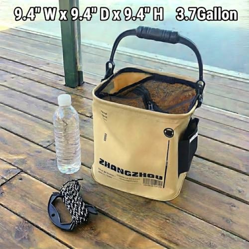 Collapsible Fishing Bucket 3.7 Gallon/14L - Portable Folding Live Bait Bucket with Aerator Pocket, Rope & Net for Live Fis...