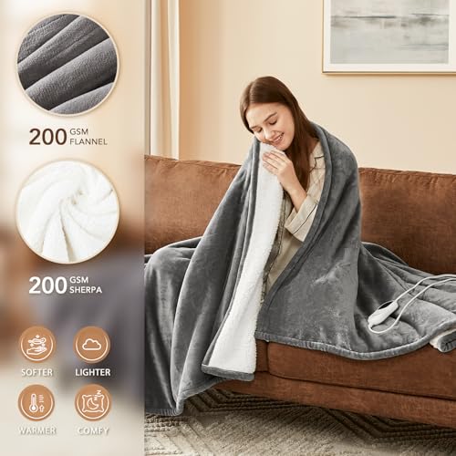 Homemate Heated Blanket Electric Throw - 50"x60" Heating Blanket Throw 1/2/4/6/8 Hours Auto-Off 10 Heat Level Over-Heat Pr...