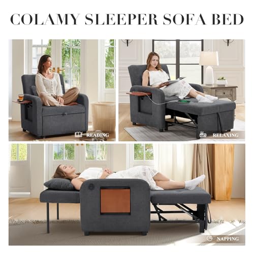Convertible Sleeper Chair-Fabric Futon Sofa Bed, Single Sleeper Sofa, Small Couch Bed with USB Port, Foldable Table, Pillo...
