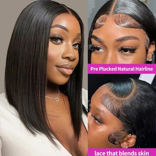 Short Bob Wigs Human Hair 13x6 Straight Bob Lace Front Wig Human Hair 200 Density 16 Inch Transparent Hd Lace Frontal Bob Glueless Wigs Pre Plucked Cut with Baby Hair Natural Black Color for Women