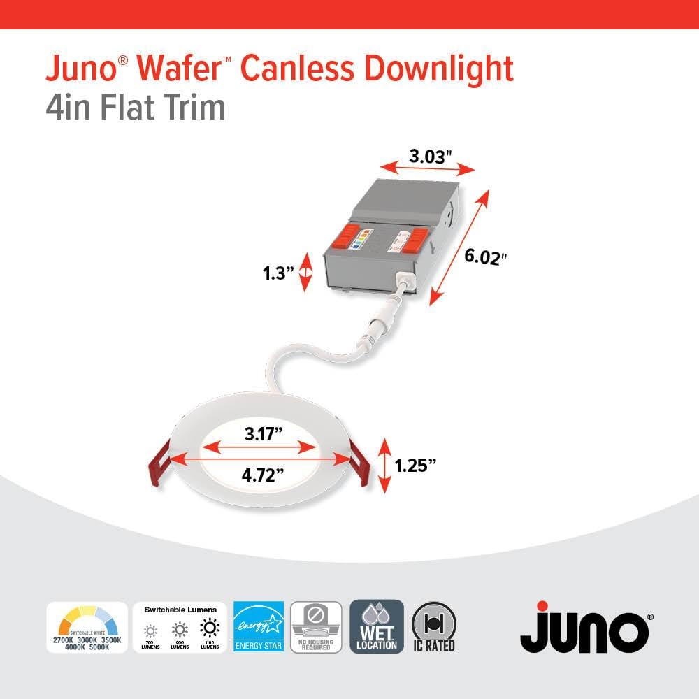 Juno LED Recessed Lights 4 Inch Round Baffle Wafer Downlight, 5-in-1 Switchable White Color Temperature, Adjustable Brightness, 120 Volts, 4-Inch Flat Trim, 1 Pack, Matte White