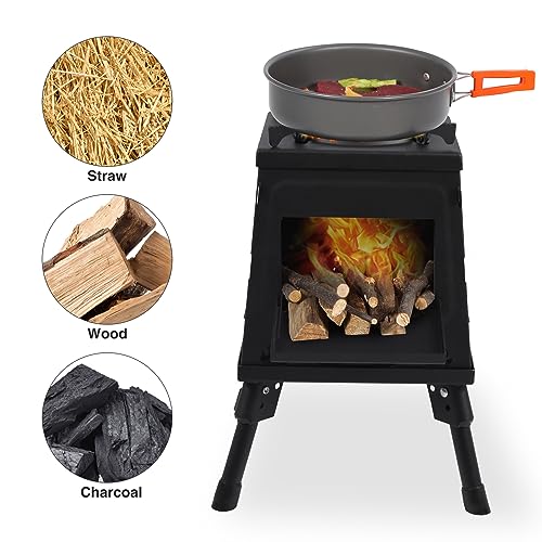 Lineslife Wood Burning Camp Stove, Portable Cast Iron Camping Wood Stove, Black Woodstove with Carrying Case for Backpacki...