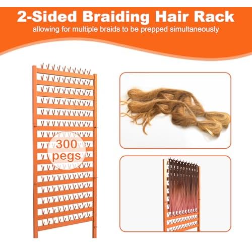 Metal Braiding Hair Rack 300 Pegs, Height Adjustable, Mobile Hair Holder Organizer with Wheels, 2 Sided Extension Separator Stand, Standing Storage for Stylists, Braiders, Salon, Beauty School