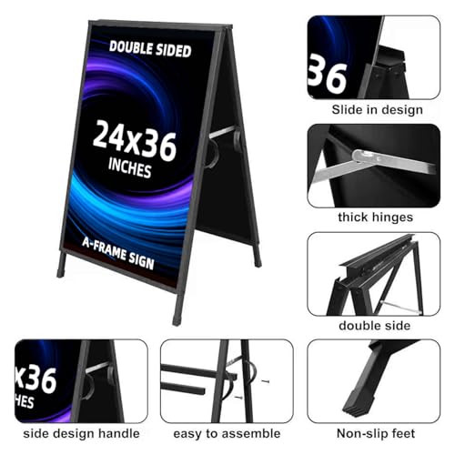 Yakpho Heavy Duty Slide-in Folding Sandwich Board A-Frame Sidewalk Sign 24x36 Inch Black Coated Steel Metal Double-Sided P...