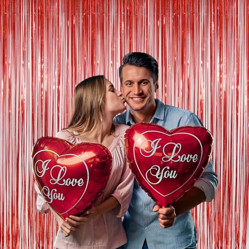 Valentines Day Backdrop Valentines Day Decorations, Melsan Red Tinsel Foil Fringe Curtains Backdrop, 3.2 ft x 8 ft Sparkle...