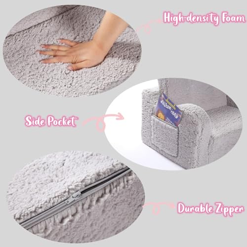 MOMCAYWEX Kids Sofa, 2-in-1 Flip-Out Foam Couch with Soft Sherpa Cover, Cozy Play Lounge Chair, Grey