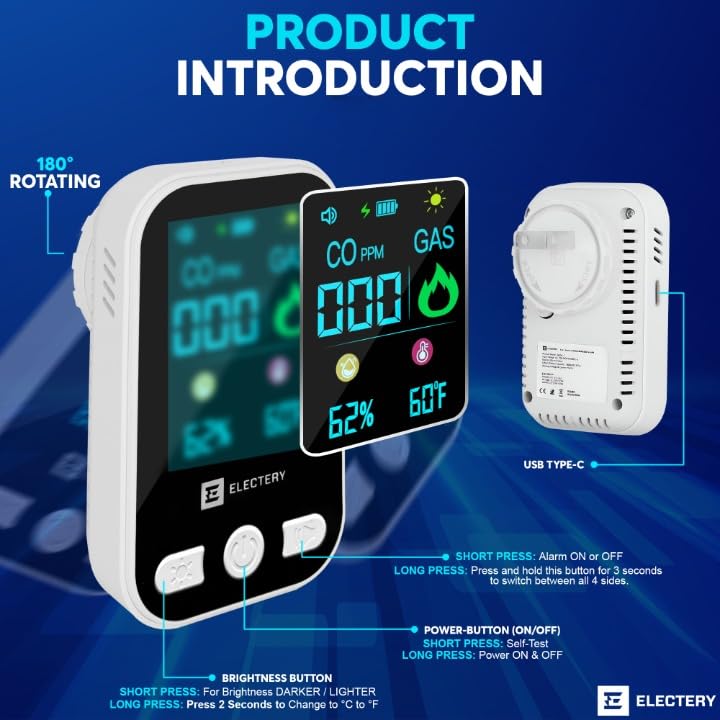 4‑in‑1 Upgraded Natural Gas Leak Detector & Carbon Monoxide Detectors Plug‑in with Dual Sensor, LCD Display Alarms, Temperature & Humidity Monitor for Home & RV