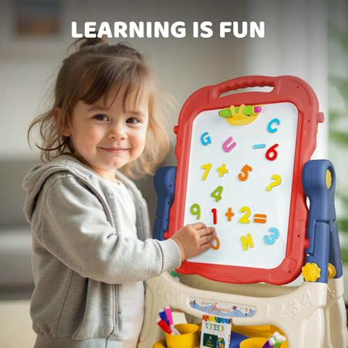 Joyooss Art Easel for Kids Adjustable Toddler Easel Stand for Painting, Magnetic Double Sided Drawing Dry Erase Board w Ch...
