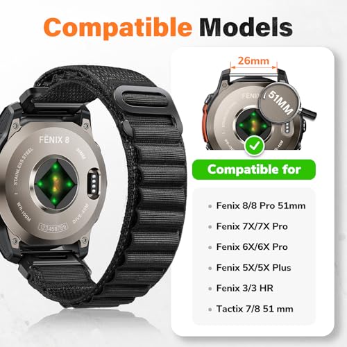 Alpine Loop Nylon Watch Band Compatible with Garmin Fenix 5X / 6X / 7X / 8 51mm, Quickfit 26mm Rugged Watch Bands for Garm...