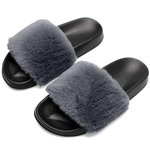 Spesoul Womens Fuzzy Slides Open Toe Furry Slide Slippers Indoor Outdoor Slides Sandals Casual Flat Fluffy House Slippers