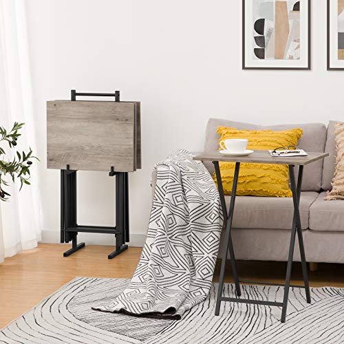 HOOBRO Folding TV Tray Tables, Set of 4 TV Trays with Storage Rack, Industrial Side Table for Eating at Couch, Foldable Sn...