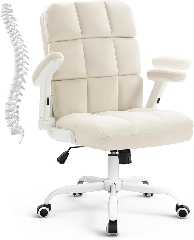 SEATZONE Home Office Chair–Beige Velvet Desk Chair with Wheels, Comfortable Computer Work Chair with Flip-up Arms and Adjustable Tilt