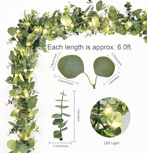 Dolicer 6 Packs 6FT Artificial Eucalyptus Garland with LED Light String, Faux Greenery Garland Hanging Fake Silver Dollar ...