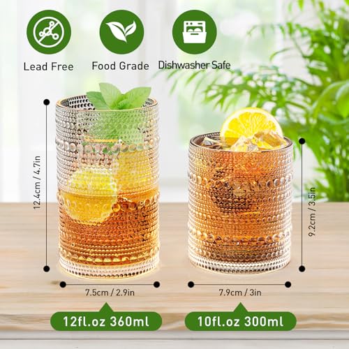 Vintage Hobnail Drinking Glasses Set of 12, 12 oz Highball Glasses & 10 oz Cocktail Glasses, Embossed Glass Cups, Clear Wa...