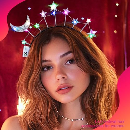 Olbye Light up Moon Star Headband Glitter Halo Headbands Flashing Headpiece Glow in Dark Hairbands Led Festival Hair Acces...