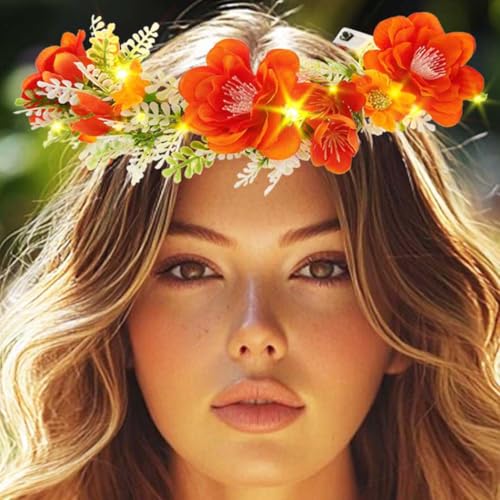 DRESBE Light Up Flower Crown Headband LED Floral Fairy Hair Accessories for Women (Orange)