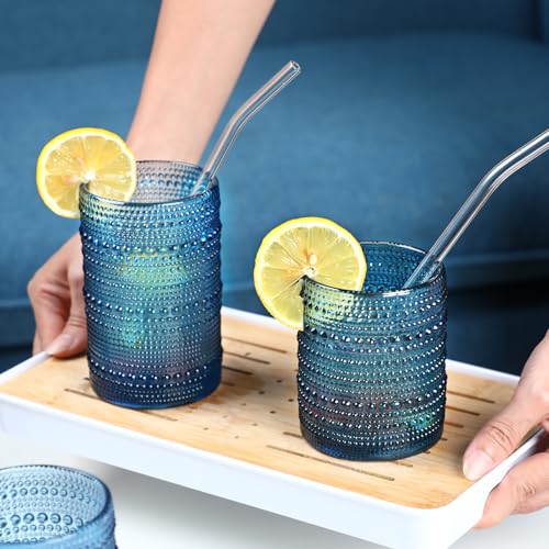 KMIGRUAN Large Hobnail Drinking Glasses Set of 6,15oz Blue Vintage Glassware,Embossed Glass Cups,Water Tumbler,Highball Gl...