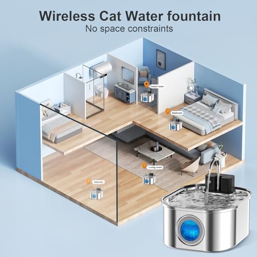 NautyPaws Cat Water Fountain Wireless，Stainless Steel-Rechargeable- Battery Operated Cat Water Fountain, 108oz/ 3.2l Autom...