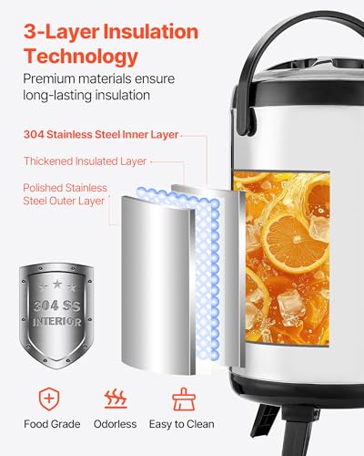 VEVOR Insulated Beverage Dispenser, 2 Gal/7.6L Stainless Steel Thermal Drink Server with Spigot & Temp Display, Suitable f...