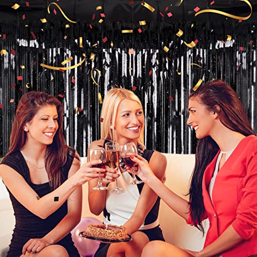 2 Pack 3.2ft x 8.2ft Black Tinsel Foil Fringe Curtain, Sparkle Metallic Foil Backdrop for Party Photo Booth Props New Year...