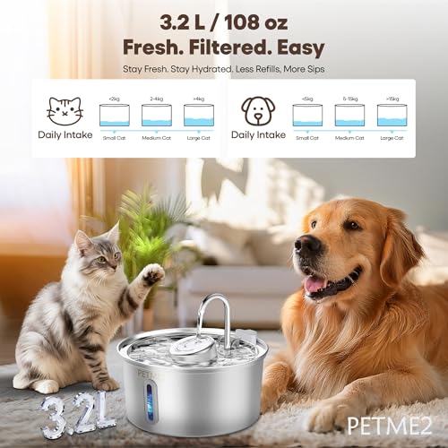 Luxury Smart Pet Fountain 2026 – 3.2L/108oz Stainless Steel Automatic Cat & Dog Water Fountain, Indoor Pet Water Dispenser...