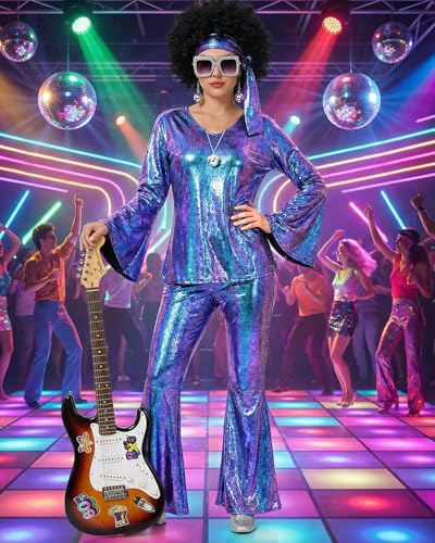 Jexine 70s Women Disco Outfit Costume Disco Party Top Pants Sunglasses Ball Necklace Earring Wig for Halloween New Year Eve