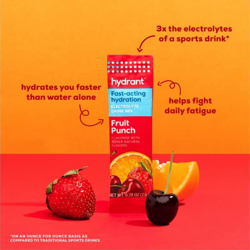 Hydrant - Hydrate Electrolyte Powder, Fruit Punch Flavor, 30 Rapid Hydration Individual Stick Packs - Low Sugar Drink Mix ...