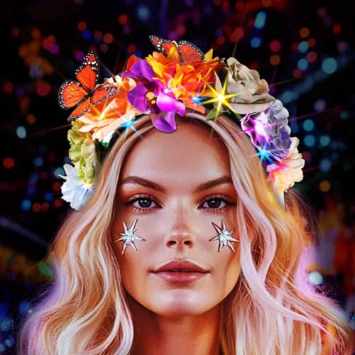 DRESBE Boho Light Up Flower Headband LED Butterfly Floral Headbands Glow Hawaii Beach Party Hair Accessories for Women (Mu...