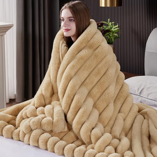 HaloRest Faux Fur Throw Blanket, Thick 1000GSM Fluffy Cozy Throw Blankets for Bed, Luxury Plush Striped Warm Soft Blanket ...