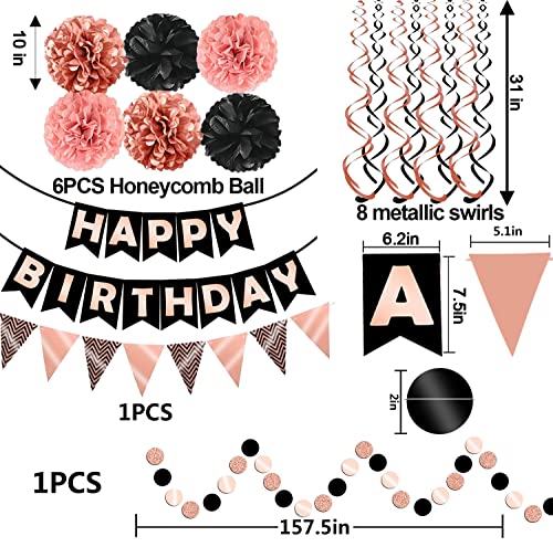 FECEDY Rose Gold Black Theme Happy Birthday Banner Flag Bunting Paper Circle Confetti Garland Swirl Streamers Honeycomb Ba...