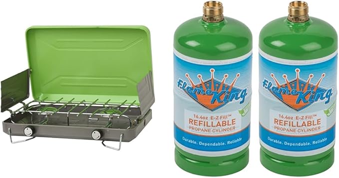 Flame King 2-Burner Camp Stove and (2) 1LB Refillable Propane Tanks for Outdoor Cooking, Backpacking, Hiking