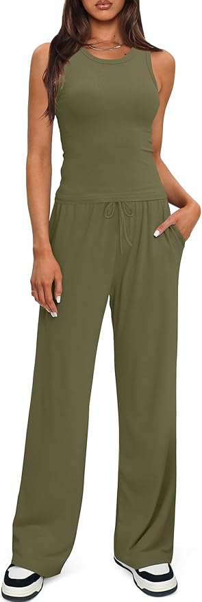 Darong Women's 2 Piece Outfits Lounge Sets Sleeveless Tank Tops Wide Leg Pants Sets Tracksuits Match Sets