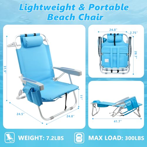 Backpack Beach Chairs for Adults, Heavy Duty Compact Portable Lay Flat Folding Chair with Backpack Straps and Large Pocke...