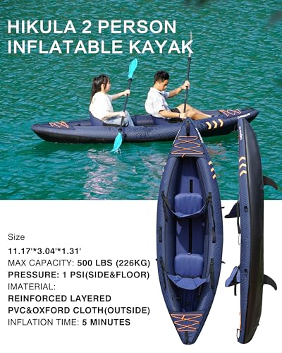 Inflatable Kayak 2 Person, Tandem Kayak, Foldable Kayaks for Adults, with Kayak Fin, 2 Aluminum Paddles, 2 Padded Seats, H...