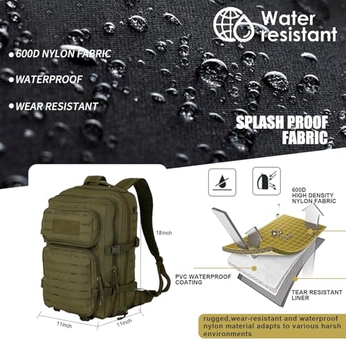 40L Tactical Backpack, Camouflage Military Bug Out Bag, Durable MOLLE Hiking Camping Gear (GREEN)