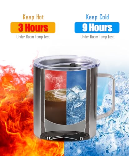 SUNWILL Insulated Coffee Mug with Lid, Travel Tumbler with Handle, 14oz Stainless Steel Cup for Camping, Office, Home, Pow...