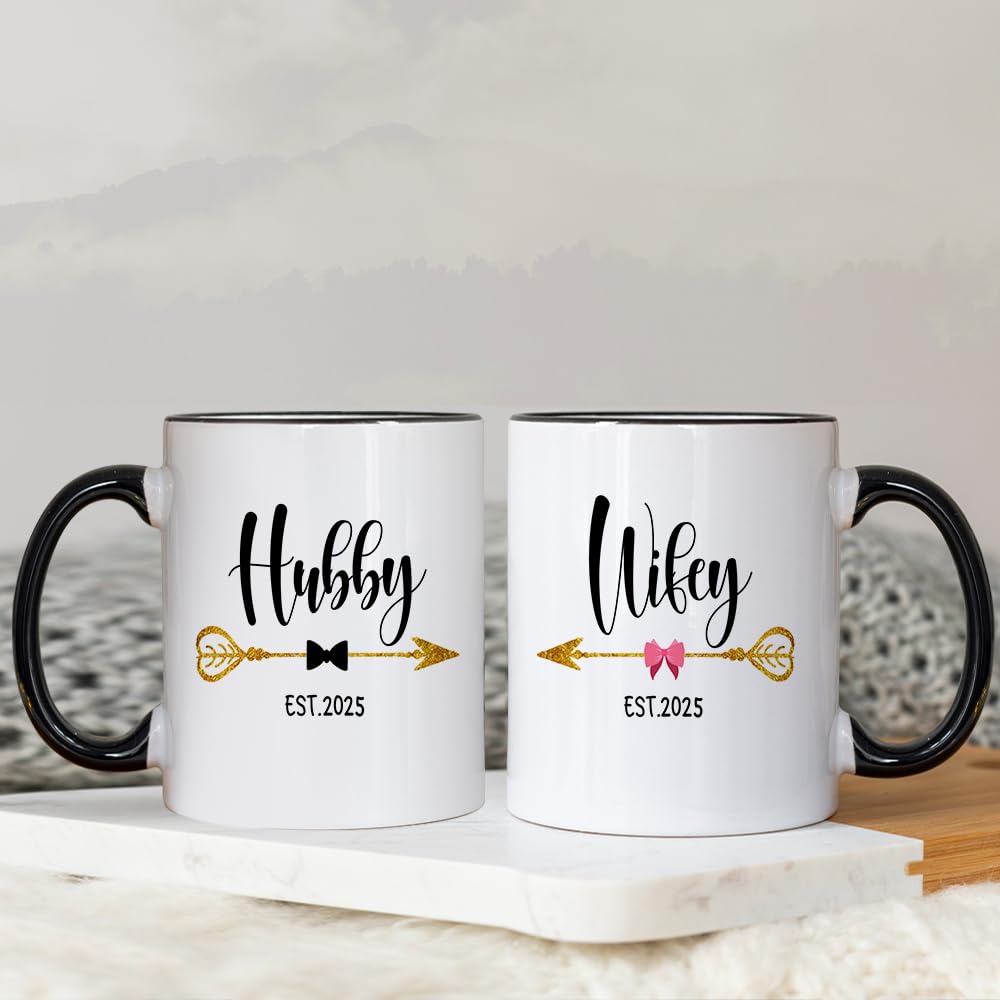Fatbaby Hubby and Wifey Est 2025 Coffee Mug,Mr and Mrs Couple Mug, Newlywed Gifts for Couples,Unique Bridal Shower Wedding Gifts for Bride and Groom 11oz