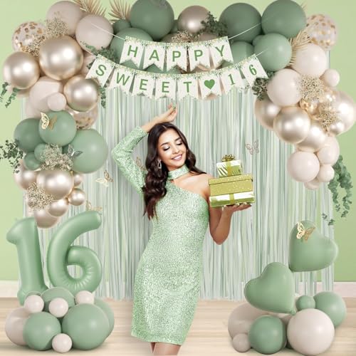 73pcs Sweet 16 Party Decorations, 16 Birthday Decorations with 16th Birthday Banner 16 Balloon Number Fringe Curtain Sage ...