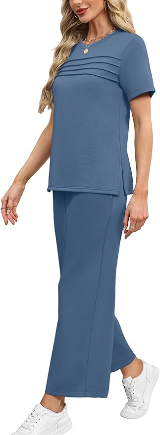 WIHOLL Two Piece Sets for Women Summer Travel Vacation Outfits Short Sleeve Lounge Sets Side Slit Wide Leg Pants S-3XL