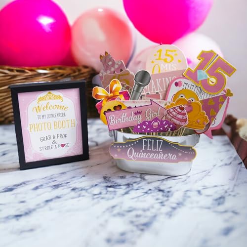 Quinceanera Photo Booth Props - 41-pc Photobooth Kit with 8 x 10-Inch Sign, 60 Adhesive Pads, 45 Sticks - Sweet 15 Photo B...