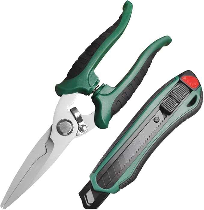 Scissors Heavy Duty, Sharp Tin Snips for Sheet Metal, Industrial Scissors, Serrated Blade, Ergonomic Handle, Easy Cutting Electrical Cable Notch, Leather, Cardboard, Fabric (7.8-In Straight Blades)