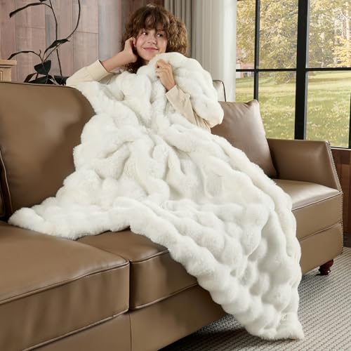 Lotus Karen Faux Fur Throw Blanket Cream White - Big Bubble Rabbit Fluff Blanket for Couch, Small Fluffy Fuzzy Cozy Blanke...