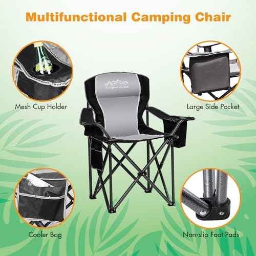 SAILARY 2PCS Folding Camping Chair Portable Outdoor Heavy Duty Padded Chairs Lawn Chair with Cup Holder, Storage Pocket and Cooler Bag, Supports 450LBS Black