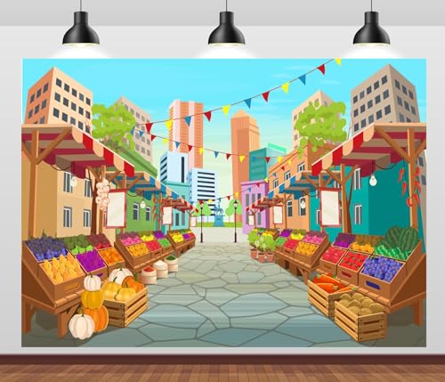BELECO 5x3ft Fabric Cartoon Farmers Market Backdrop Fresh Farm Vegetables and Fruits, Farmers Market Stall Background for ...