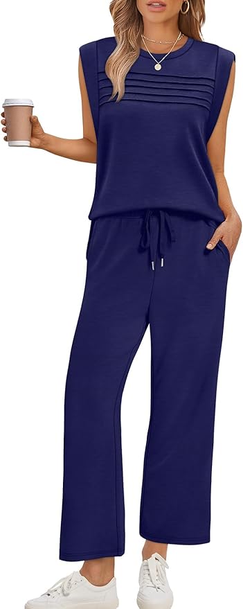 WIHOLL 2 Piece Sets for Women Summer Lounge Sets Travel Vacation Outfits Cap Sleeve Sweatsuit Side Slit Wide Leg Pants S-3XL