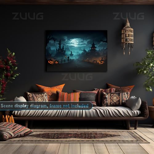 Fantasy horror Halloween canvas painting Gothic style fantasy dark haunted mansion wall decoration glowing pumpkin lantern twisted dead tree moonlight castle suitable for porch audio visual room
