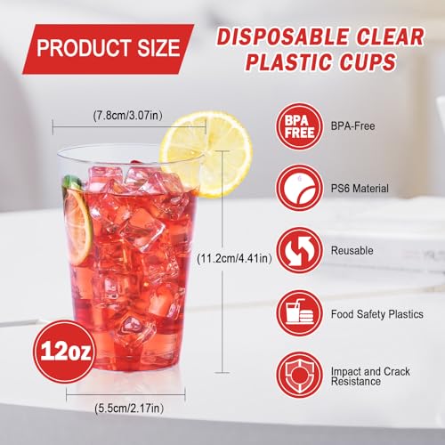 BYSNOW 100 Pack 12 oz Clear Plastic Cups, Disposable Wine Cups for Cocktail Party, Polystyrene Hard Plastic Cup with Highe...