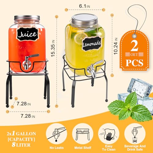 2 Pack1 Gallon Glass Drink Dispensers For Parties,Beverage Dispenser with Stand,304 Stainless Steel Spigot Leakproof,Lemon...